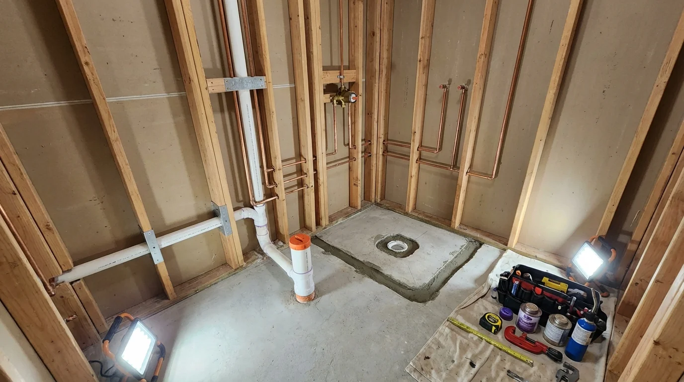 Bathroom rough-in plumbing during remodel by Johns Plumbing LLC in Everson