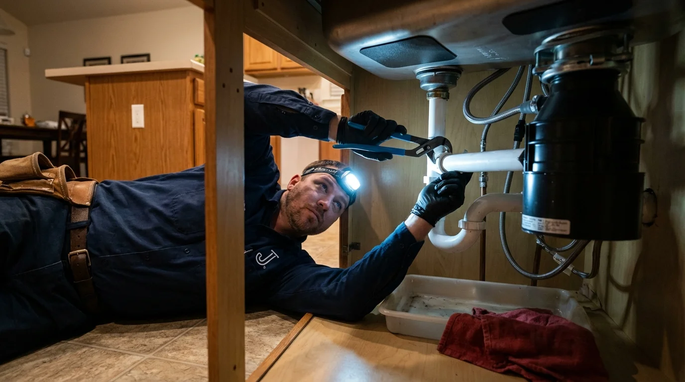P-trap and supply line connections under a kitchen sink showing a common leak point in Everson, WA